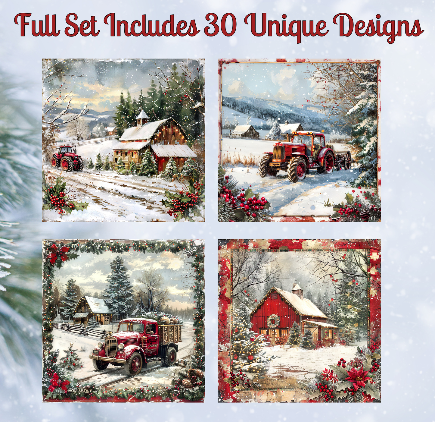 The image is a collage of four pictures depicting various scenes of a snowy landscape with farm buildings, farm vehicles, and trees.