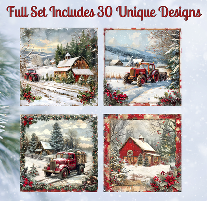 The image is a collage of four pictures depicting various scenes of a snowy landscape with farm buildings, farm vehicles, and trees.