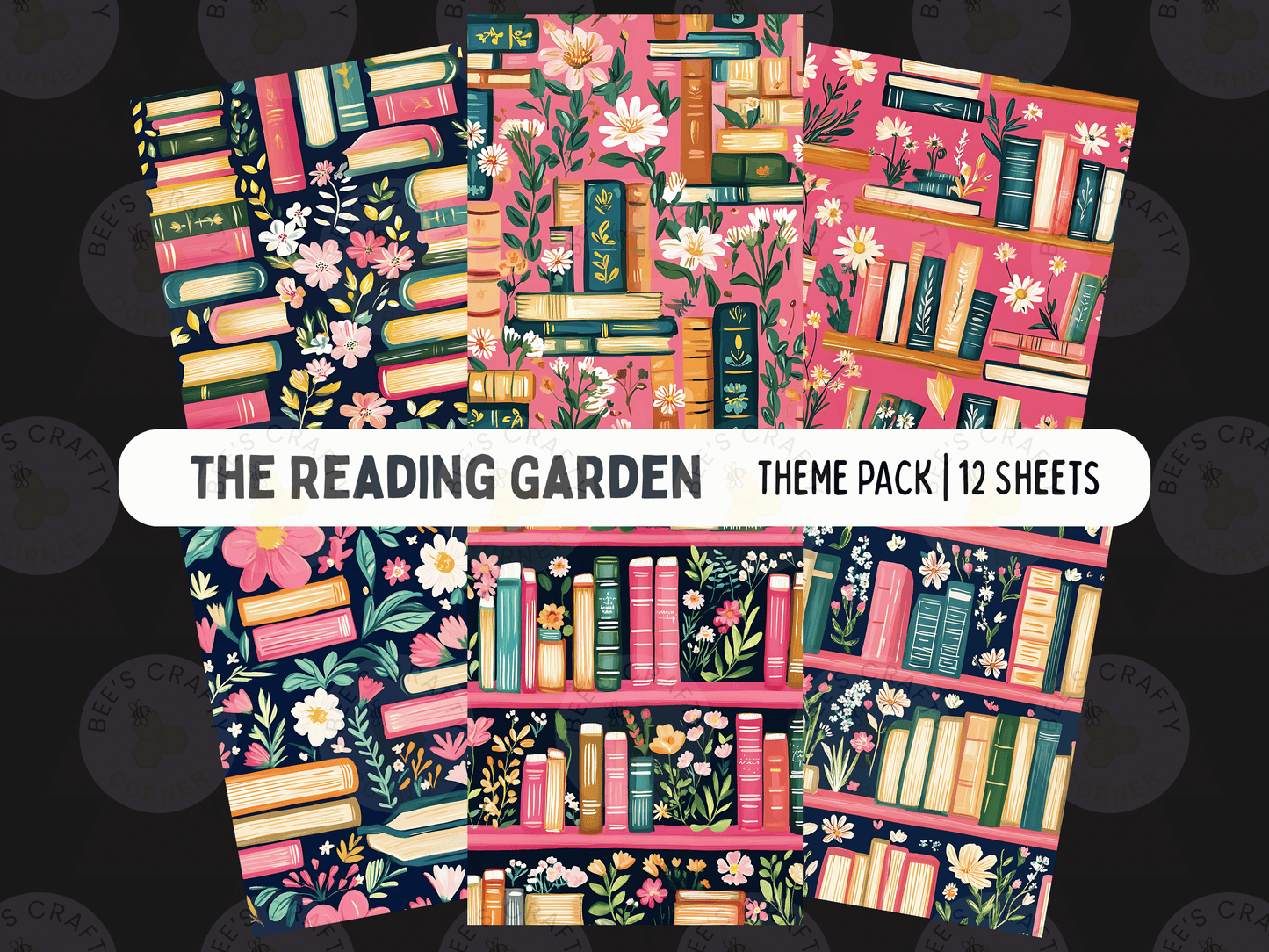 The image is a theme pack for a reading garden, containing 12 different floral and book-themed designs.