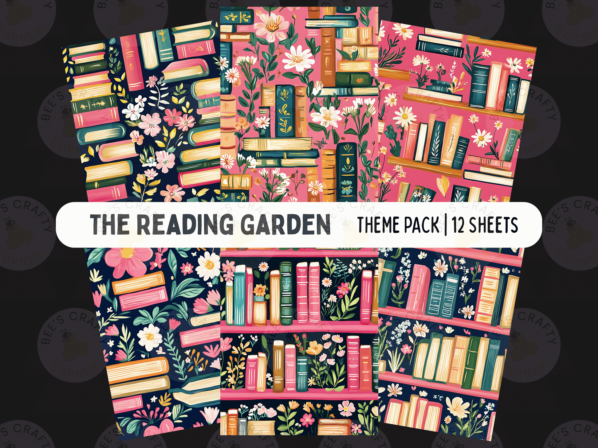 The image is a theme pack for a reading garden, containing 12 different floral and book-themed designs.