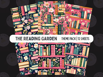 The image is a theme pack for a reading garden, containing 12 different floral and book-themed designs.