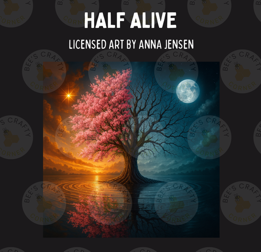 The image is a painting titled "Half Alive" by Anna Jensen, featuring a large tree with pink blossoms in the foreground and a full moon in the background, set against a serene body of water.