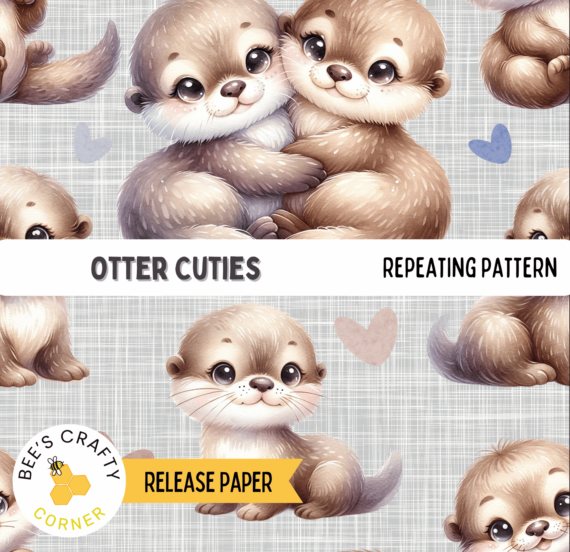 The image is a repeating pattern of cute otter cuties, featuring various poses and expressions of the animals.