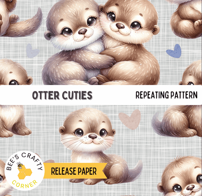 The image is a repeating pattern of cute otter cuties, featuring various poses and expressions of the animals.