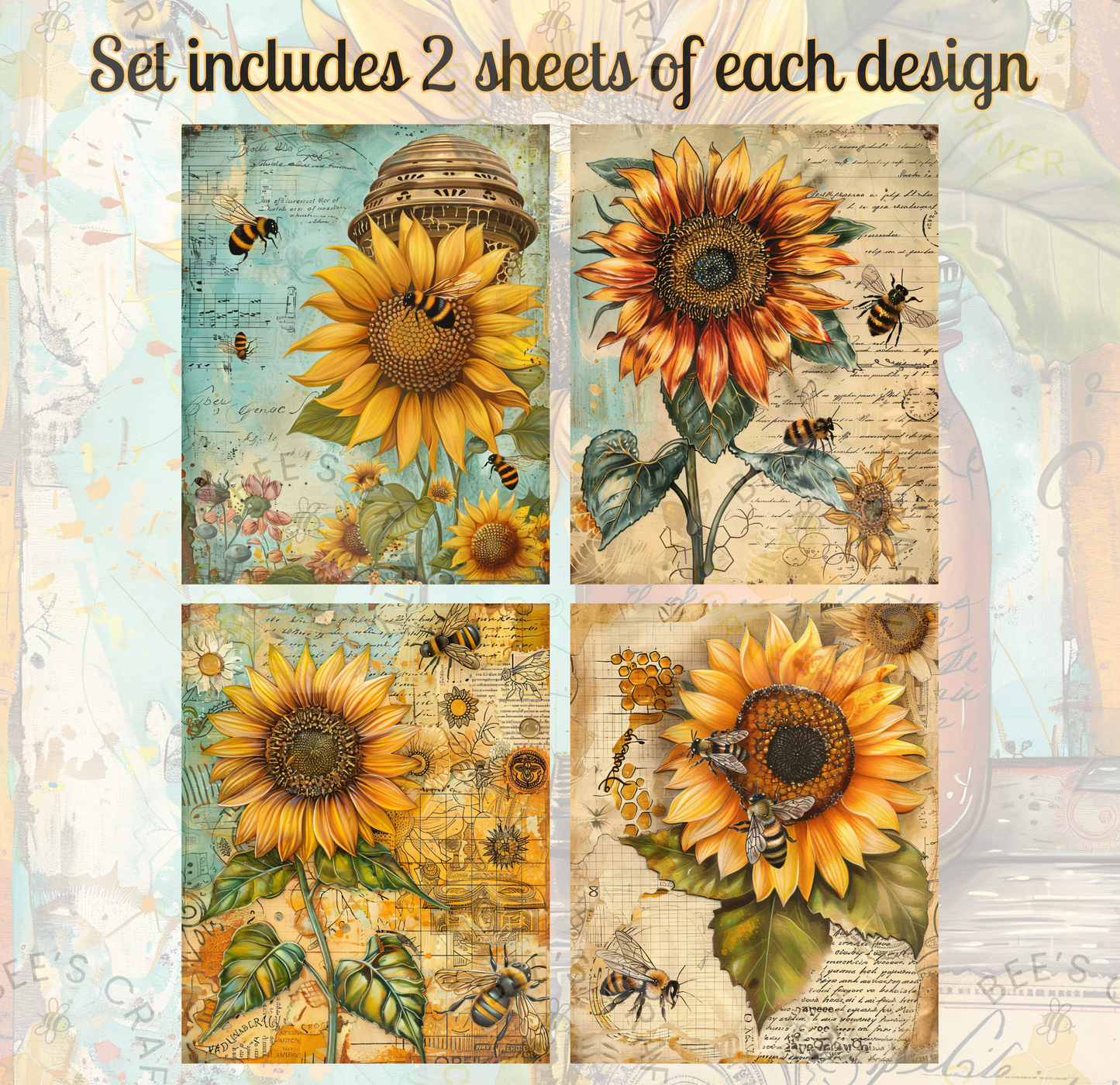four distinct images, each featuring a large sunflower and bees. The sunflowers are the main focus of the images, with each one showcasing a different angle and perspective. The bees are scattered throughout the images, adding a sense of movement and life to the composition. The overall arrangement of the images creates a visually appealing and harmonious collage.