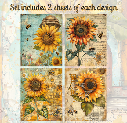 four distinct images, each featuring a large sunflower and bees. The sunflowers are the main focus of the images, with each one showcasing a different angle and perspective. The bees are scattered throughout the images, adding a sense of movement and life to the composition. The overall arrangement of the images creates a visually appealing and harmonious collage.