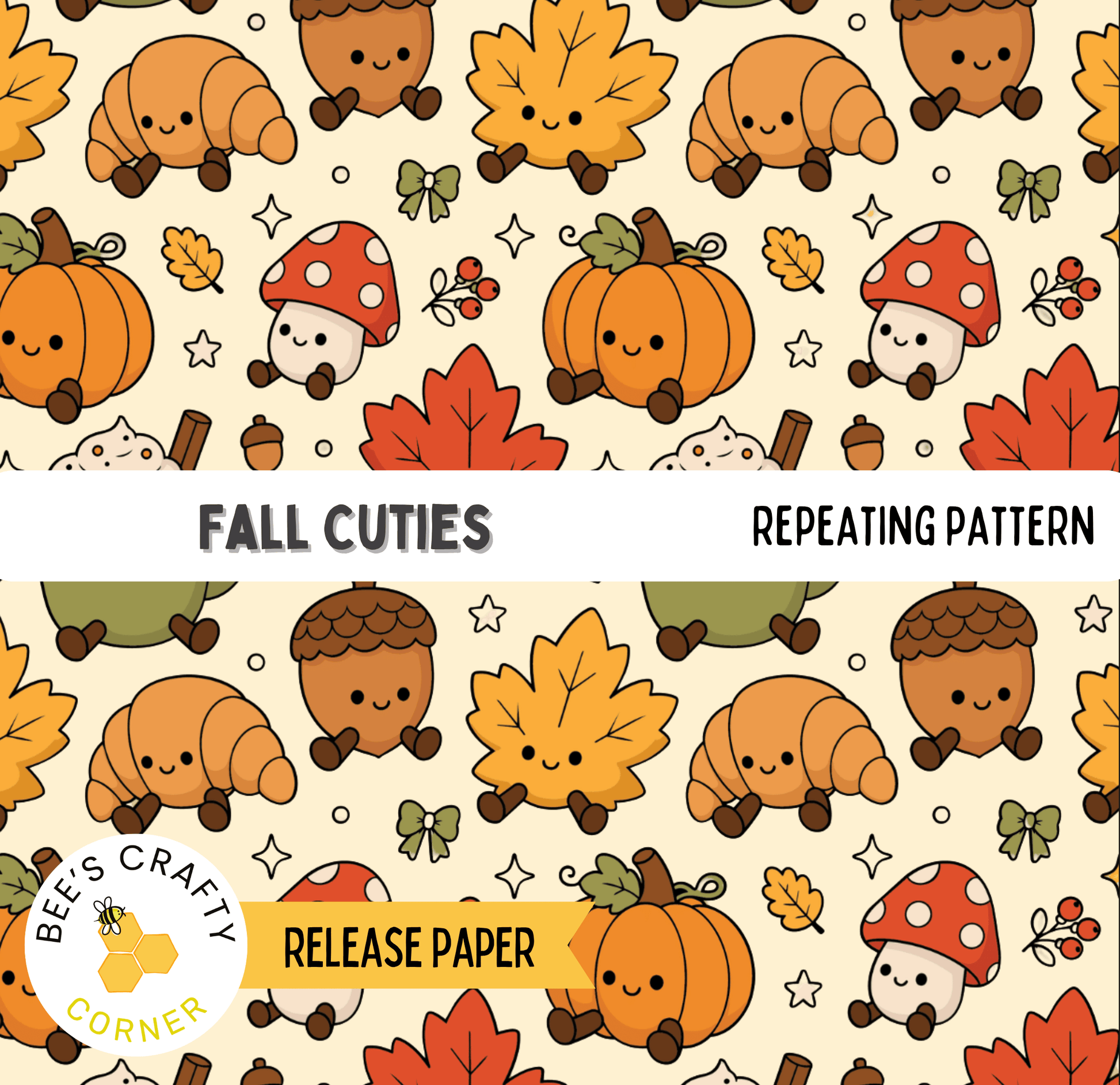 The image is a repeating pattern featuring various autumn-themed elements such as mushrooms, pumpkins, acorns, leaves, and stars. The pattern includes a variety of cartoon-style illustrations of these elements, creating a visually appealing and festive design.