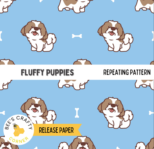 The image is a repeating pattern of fluffy puppies against a blue background.