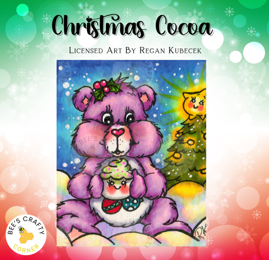 The image is a vibrant illustration of a purple bear holding a cupcake, set against a festive background with a Christmas tree and snowflakes.