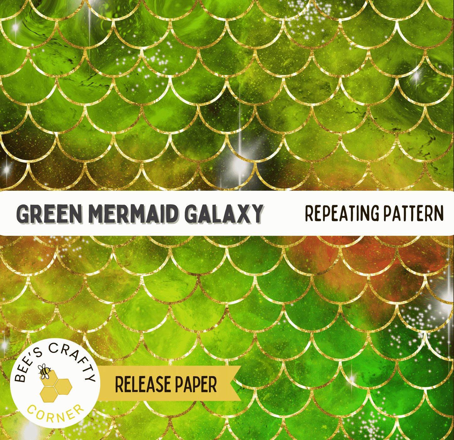 The image is a repeating pattern of green and gold scales, resembling a mermaid's tail or scales. The pattern is described as a "Green mermaid galaxy" and is a repeating pattern.