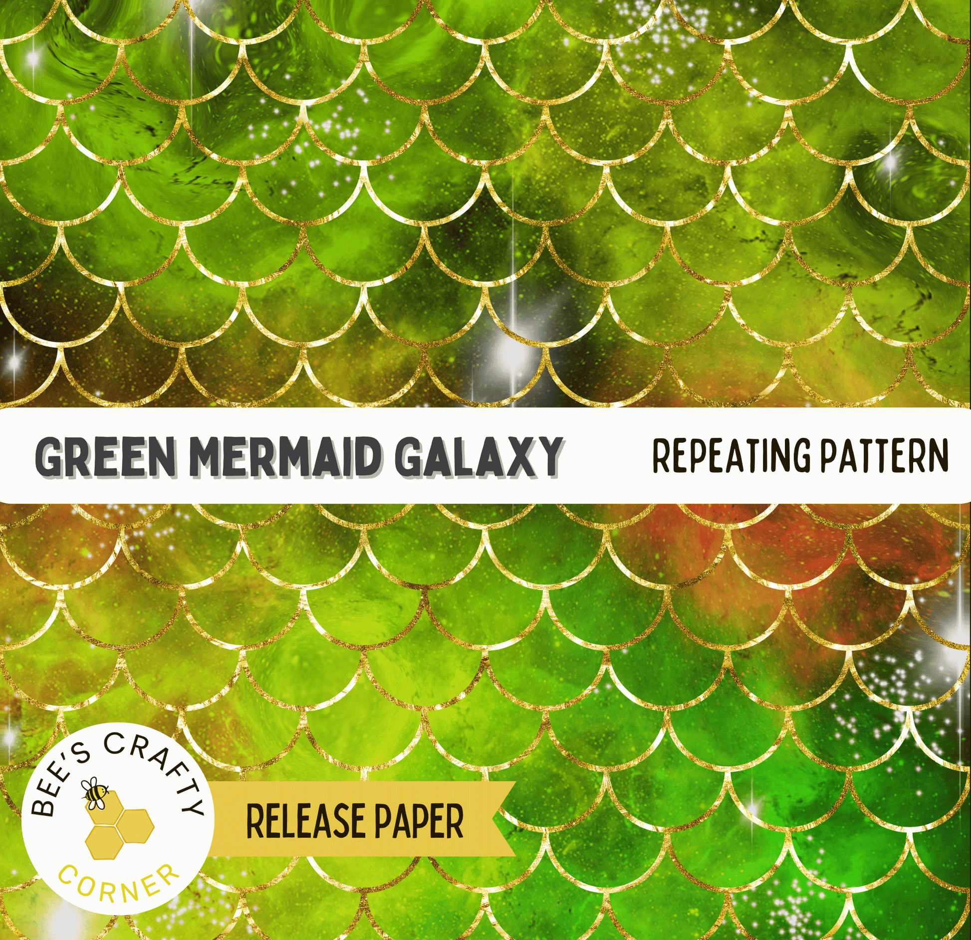 The image is a repeating pattern of green and gold scales, resembling a mermaid's tail or scales. The pattern is described as a "Green mermaid galaxy" and is a repeating pattern.