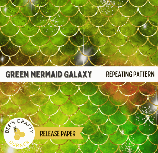 The image is a repeating pattern of green and gold scales, resembling a mermaid's tail or scales. The pattern is described as a "Green mermaid galaxy" and is a repeating pattern.