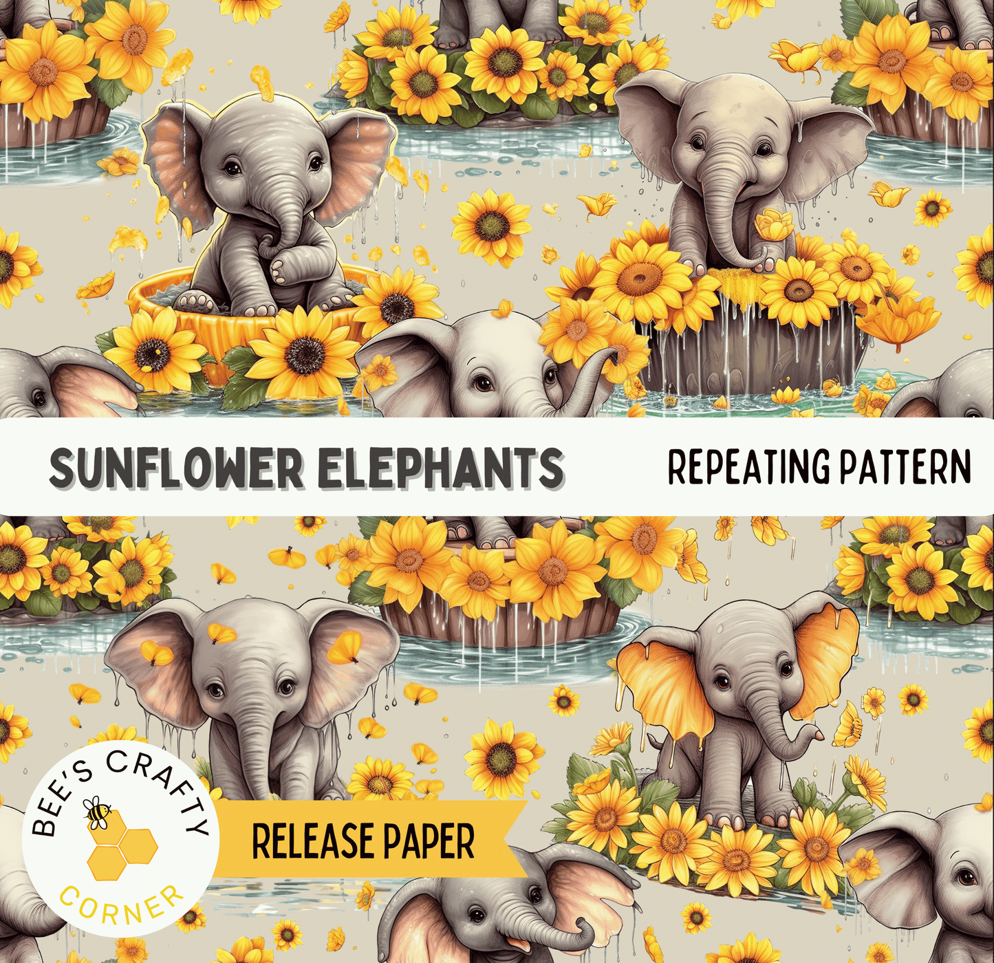 The image is a repeating pattern of cartoon-style elephants surrounded by yellow sunflowers.