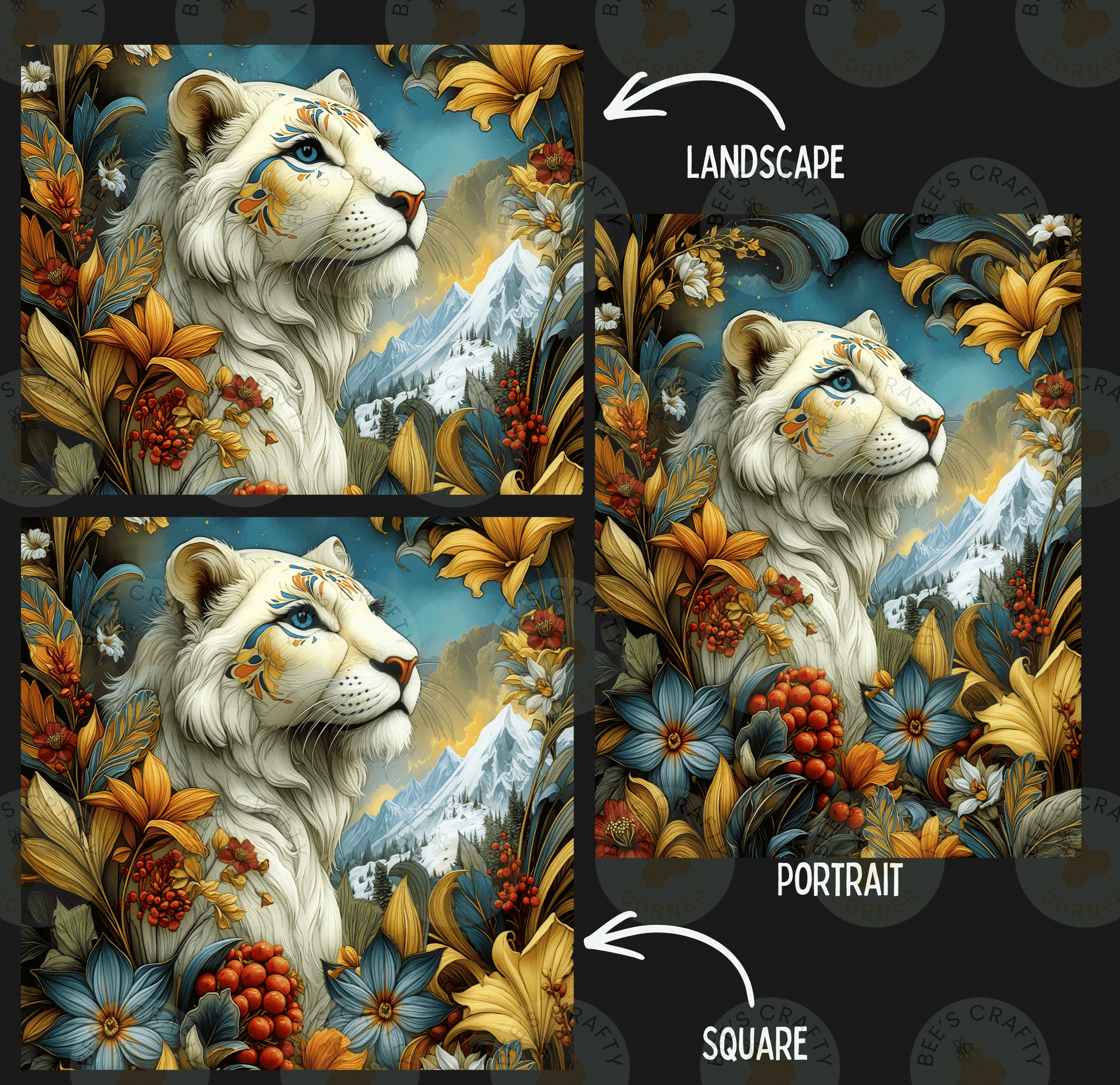 The image is a collage of three images depicting a white tiger surrounded by a vibrant, colorful landscape with flowers, leaves, and mountains.