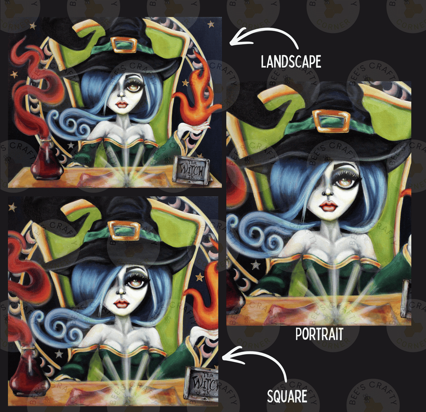 The image is a collage of three images depicting a woman with blue hair and a witch hat, each with different styles of portrait. The collage includes a landscape, a square, and a portrait.