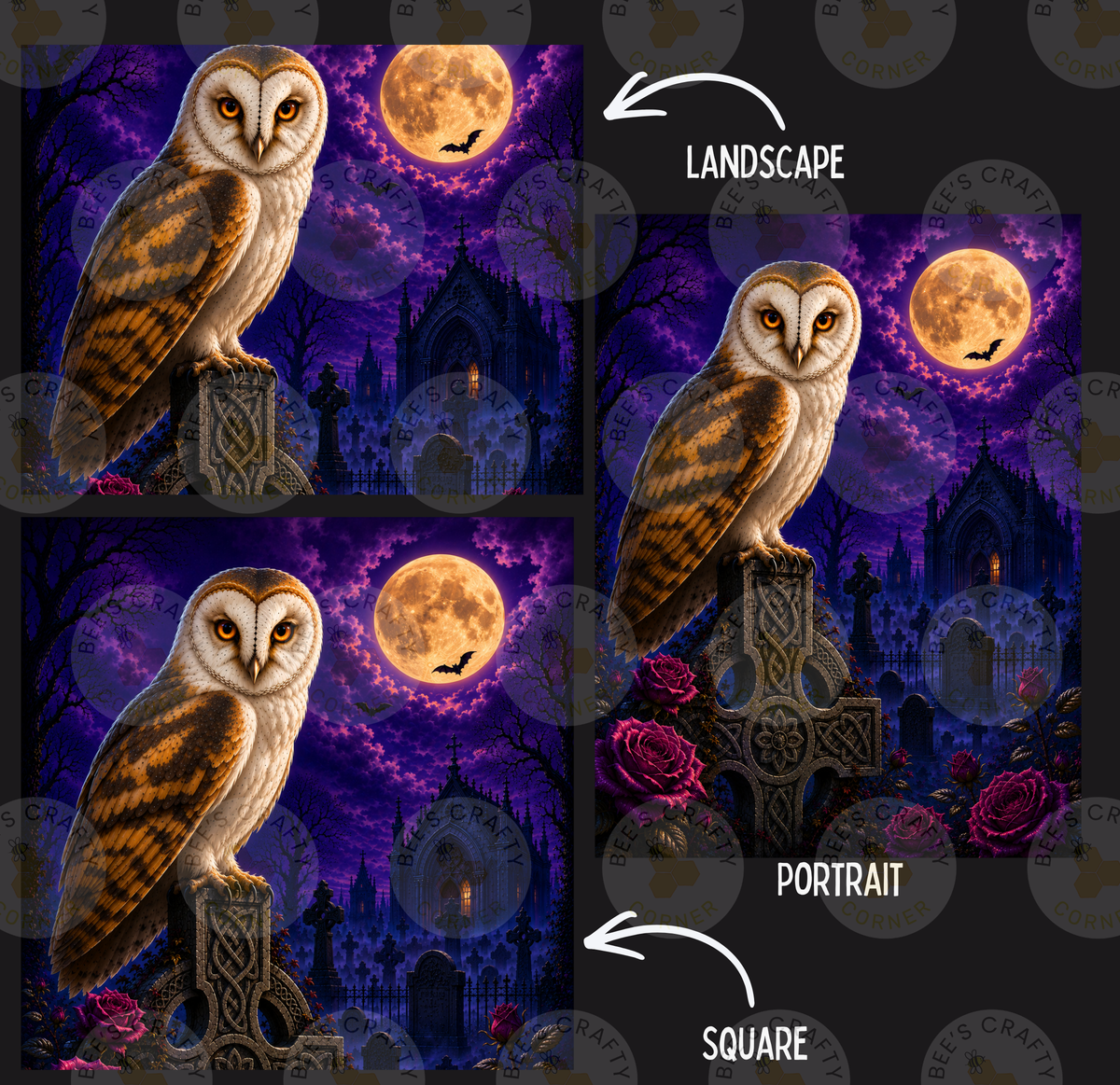 The image is a collage of three images depicting a nighttime scene with an owl perched on a stone cross, surrounded by a graveyard, a castle, and a full moon.