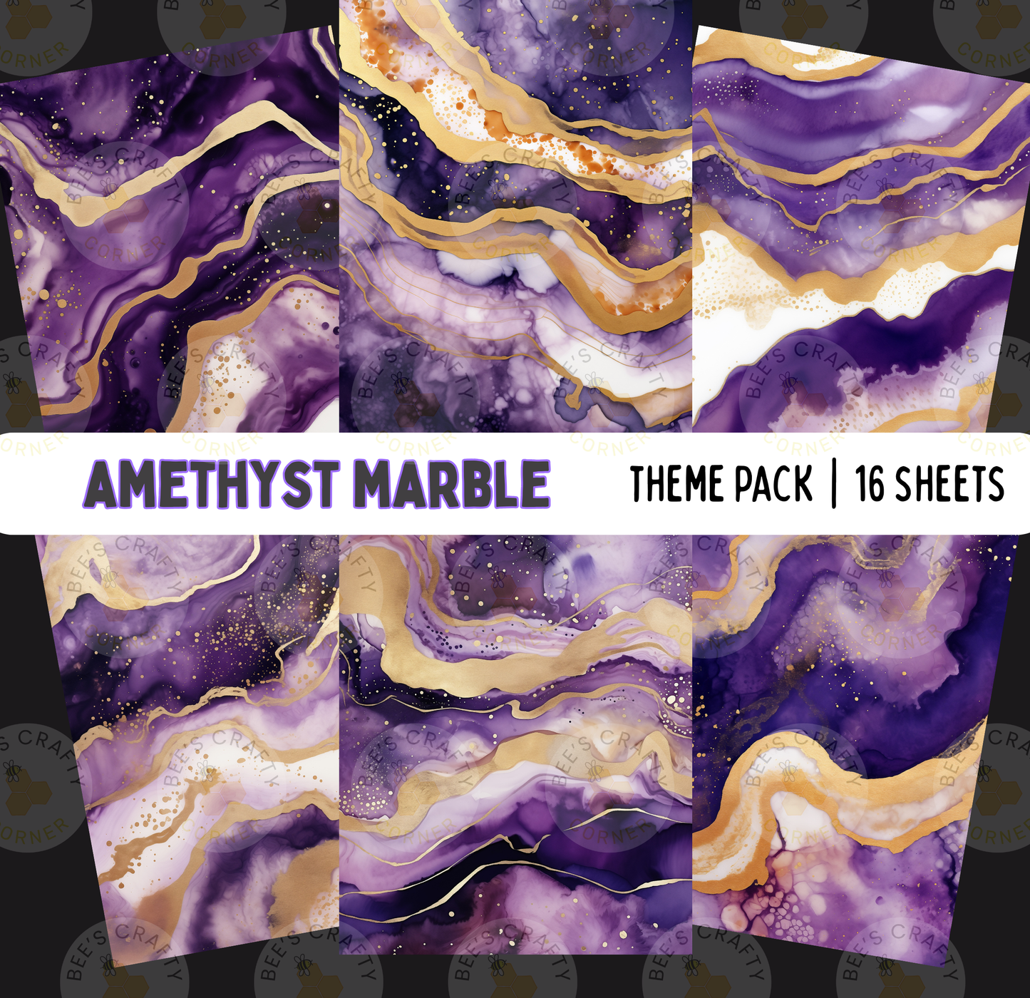 The image is a collage of 16 abstract marble-like patterns in shades of purple and gold, with various textures and swirls. The patterns are arranged in a grid-like layout, creating a visually striking and dynamic composition.