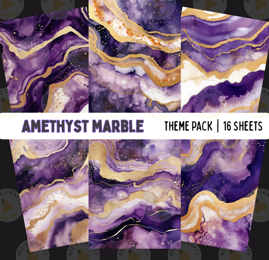 The image is a collage of 16 abstract marble-like patterns in shades of purple and gold, with various textures and swirls. The patterns are arranged in a grid-like layout, creating a visually striking and dynamic composition.