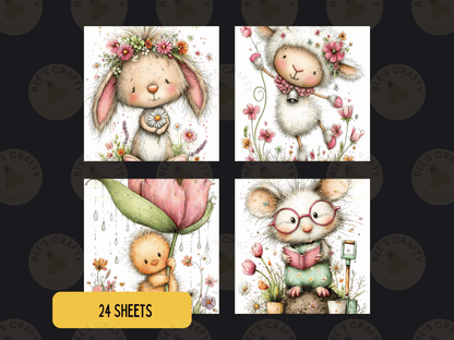 The image is a collage of four square illustrations featuring various cute and whimsical animals, including a rabbit, a sheep, a mouse, and a duck, all surrounded by flowers and plants.