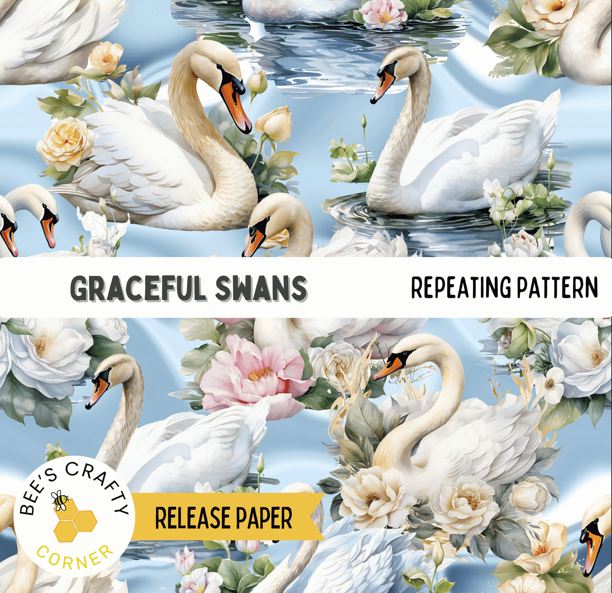 The image is a repeating pattern of graceful swans surrounded by flowers and water.