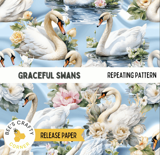 The image is a repeating pattern of graceful swans surrounded by flowers and water.