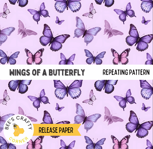 The image is a repeating pattern of purple and pink butterflies against a pink background.