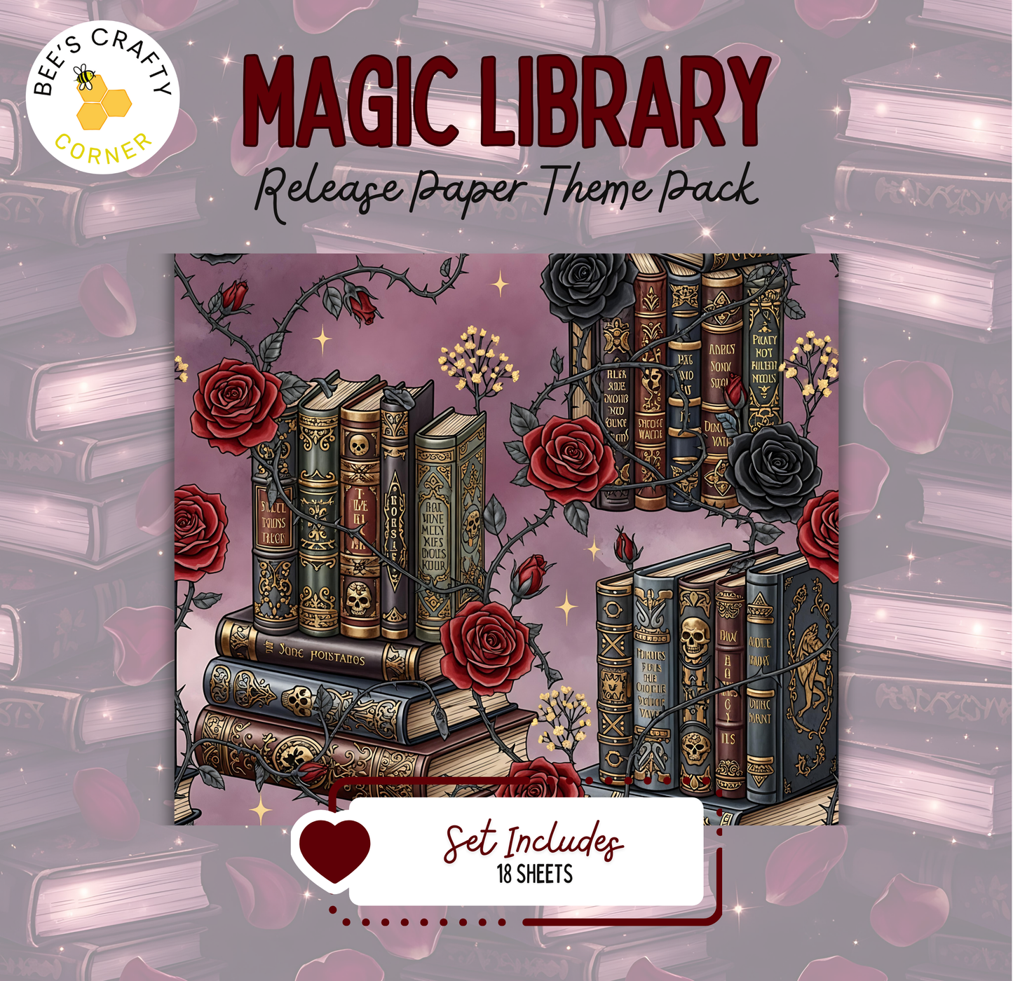 The image is a vibrant and detailed illustration of a collection of ornate books, with a theme of roses and a purple background. The books are stacked on top of each other, creating a visually striking and intricate design. The image also includes a text overlay that reads "Magic Library Release Paper Theme Pack" and "Set Includes 18 Sheets", indicating that this is a themed paper or artwork related to the Magic Library release.