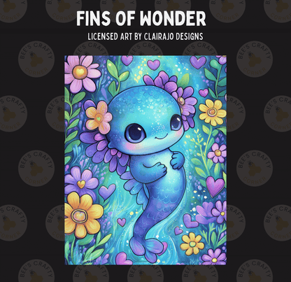 The image is a vibrant and whimsical illustration featuring a blue mermaid surrounded by a colorful array of flowers and plants.