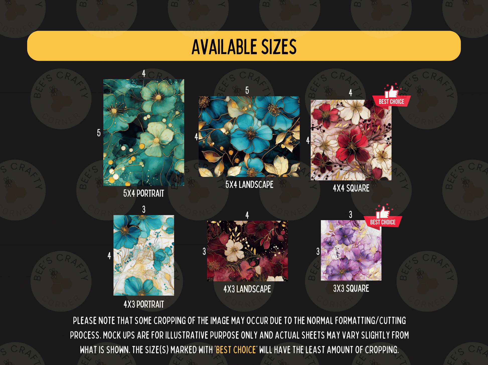 a collection of six different floral designs, each with a different size and format, available for purchase.