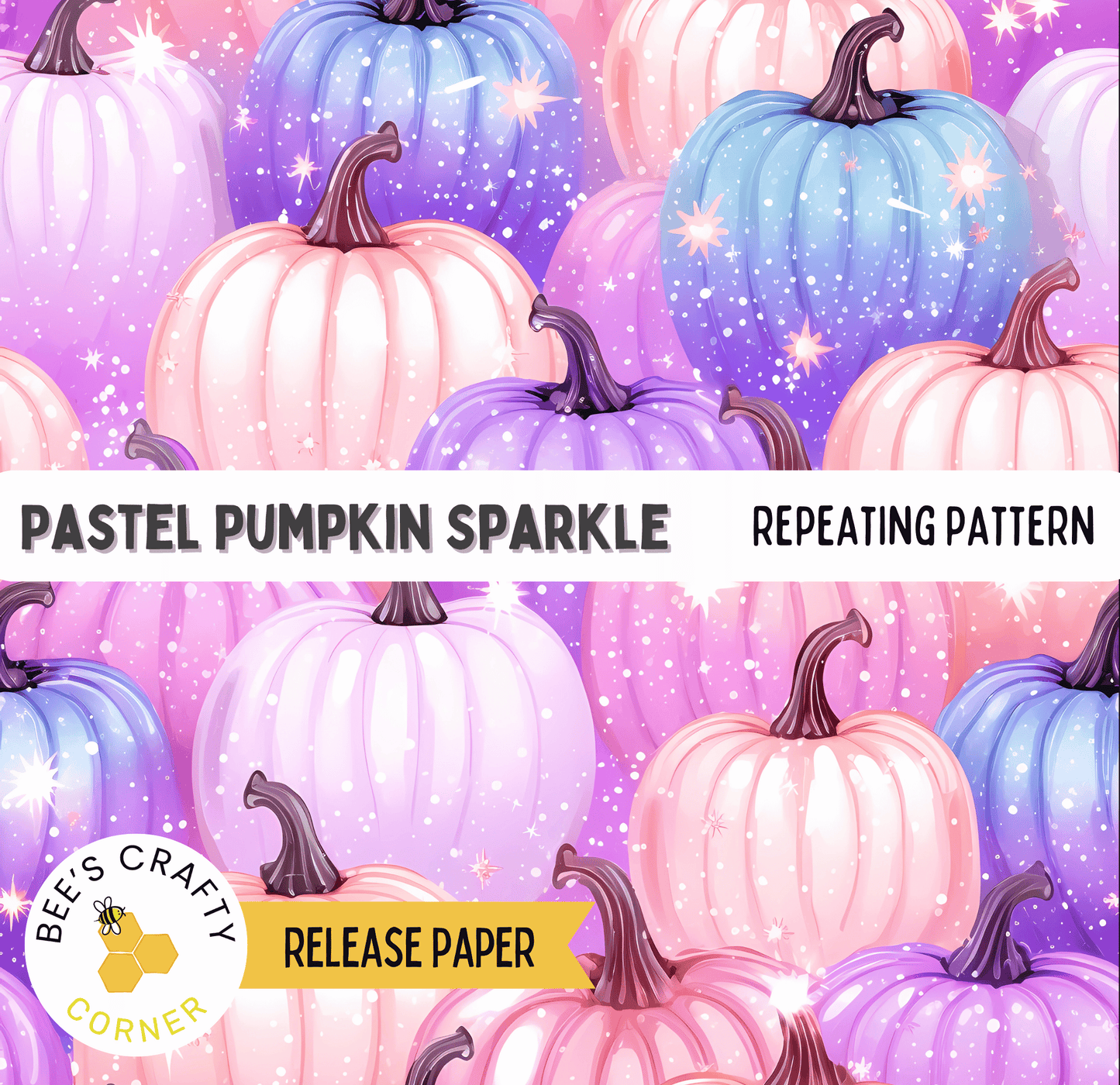 The image is a repeating pattern of pastel pumpkins with sparkles, featuring a variety of colors including pink, purple, and blue.