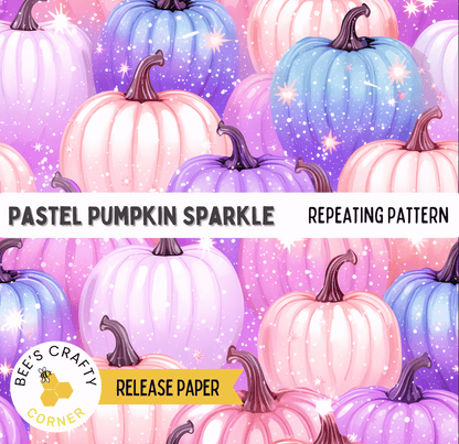The image is a repeating pattern of pastel pumpkins with sparkles, featuring a variety of colors including pink, purple, and blue.