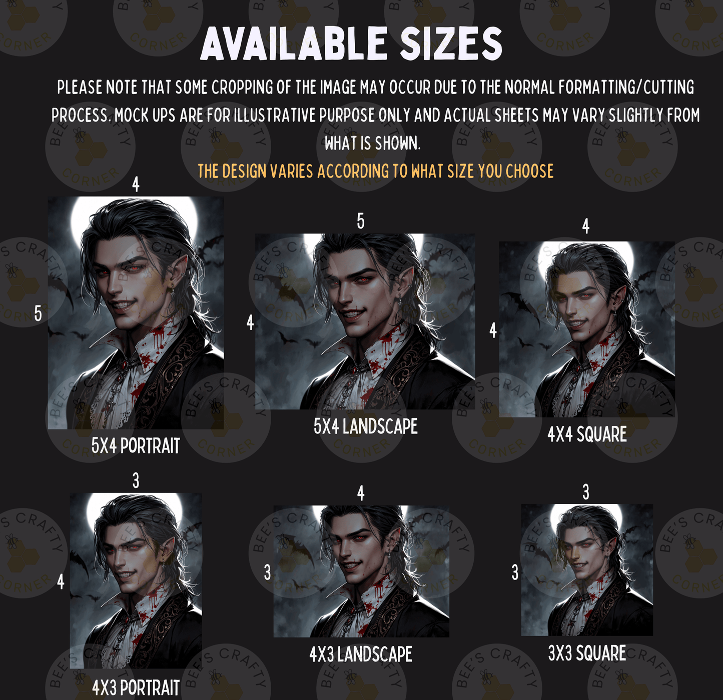 six different portrait images of a male character, each with a different size and format. The portrait images are arranged in a grid format, with each row representing a different size and the columns representing the different formats. The text above the image provides information about the available sizes and the actual size of the actual image.