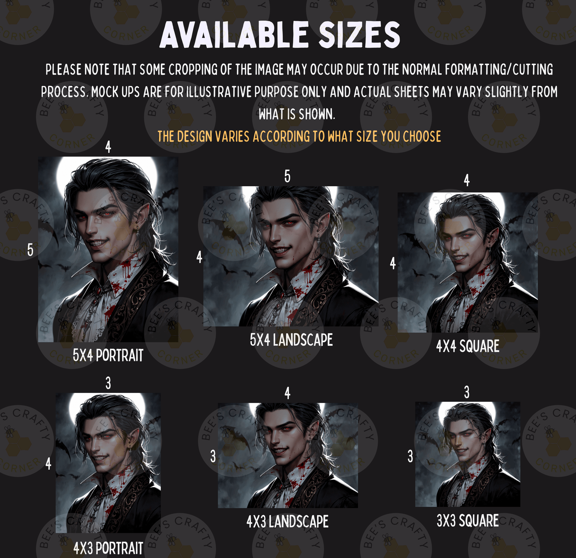 six different portrait images of a male character, each with a different size and format. The portrait images are arranged in a grid format, with each row representing a different size and the columns representing the different formats. The text above the image provides information about the available sizes and the actual size of the actual image.