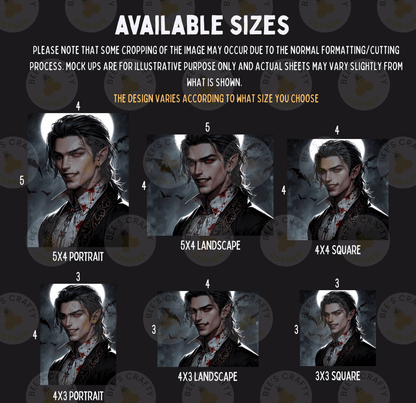 six different portrait images of a male character, each with a different size and format. The portrait images are arranged in a grid format, with each row representing a different size and the columns representing the different formats. The text above the image provides information about the available sizes and the actual size of the actual image.