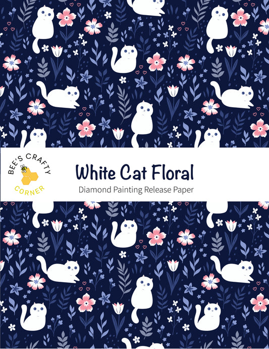 RELEASE PAPER | White Cat Floral - Reusable Patterned Diamond Painting Release Paper