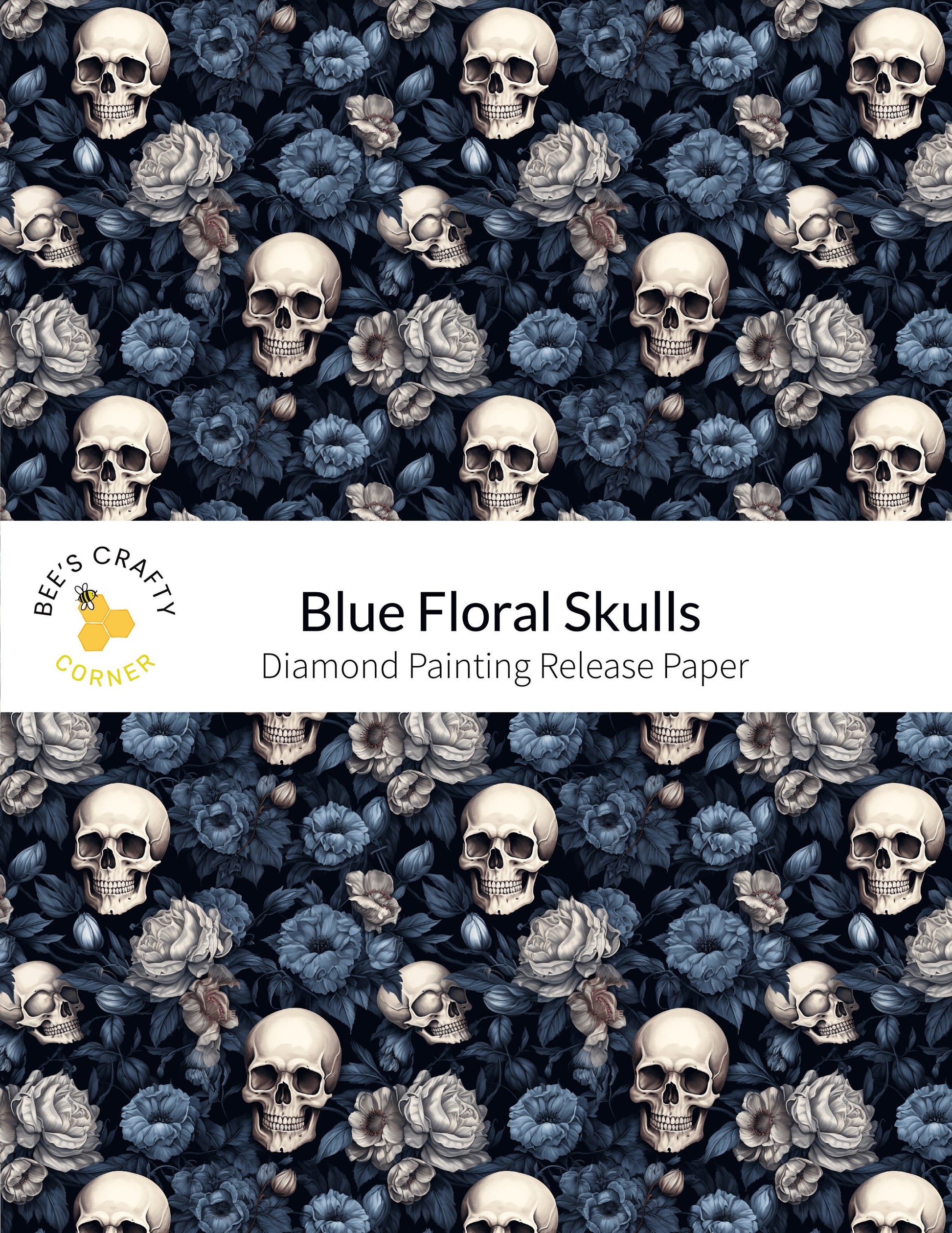 RELEASE PAPER | Blue Floral Skulls - Reusable Patterned Diamond Painting Release Paper