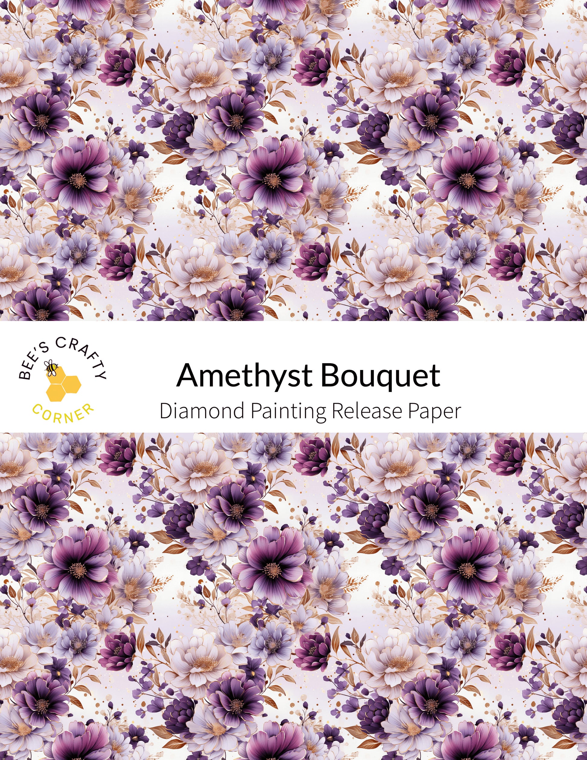 a purple and white flower pattern with the words amethyst bouquet