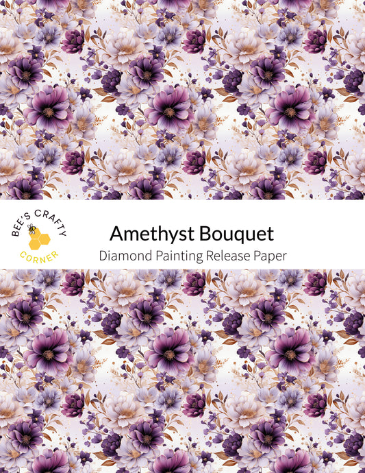 a purple and white flower pattern with the words amethyst bouquet