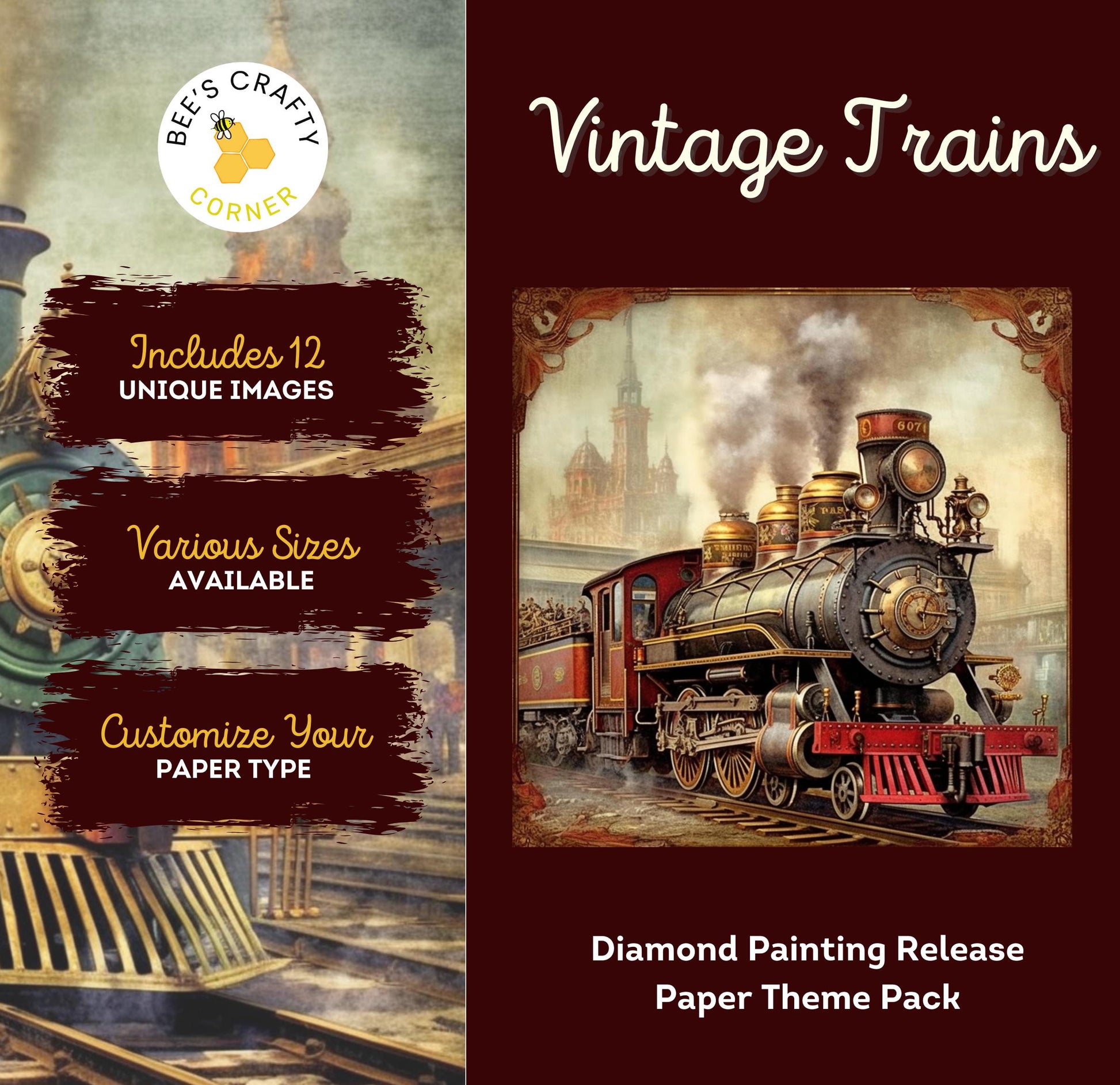 RELEASE PAPER | Vintage Trains - Theme Pack Reusable Diamond Painting Release Paper